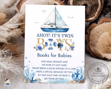 Nautical Bring Books for Babies Card INSTANT DOWNLOAD Chic Boat Ocean Ahoy It's Twin Boys Baby Shower Insert Printable INSTANT Download NT2