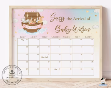 Guess Baby's Due Date Calendar Game Printable, EDITABLE TEMPLATE Rainbow Noah's Ark Baby's Arrival Shower Game Sign Birthday Prediction NA2