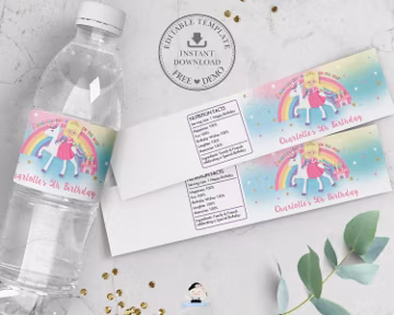 Unicorn and Princess Water Bottle Label Stickers, EDITABLE TEMPLATE, Birthday Party Favors, Blonde Hair Girl Rainbow Wrapper Printable, PU1