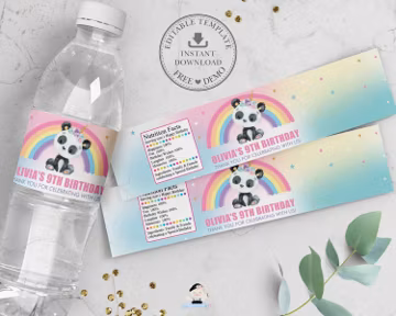 Pandacorn Water Bottle Labels, EDITABLE TEMPLATE, Bottle Sticker Wrapper Favors, Cute Rainbow Panda Bear Cub Birthday Party Printable, PA1