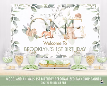 Woodland Animals 1st Birthday Backdrop Banner, Bear Fox Welcome Sign Wild One First Party Decor PDF File, Neutral Boy Girl Printable, WG12