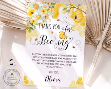 Thank You for Bee-ing Here Card, EDITABLE TEMPLATE, INSTANT Download, Honey Cute Bee Bees Yellow Floral 1st First Birthday Baby Shower, BB1