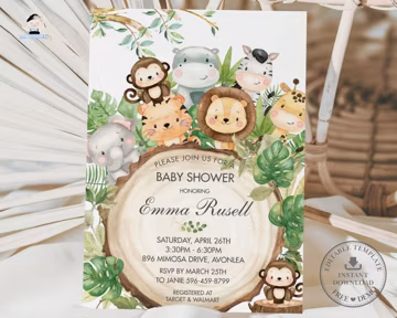 Cute Jungle Animals Baby Shower Invitation, EDITABLE TEMPLATE, Greenery Wood Forest Safari Gender Neutral Boy Girl Invite Printable, JA2