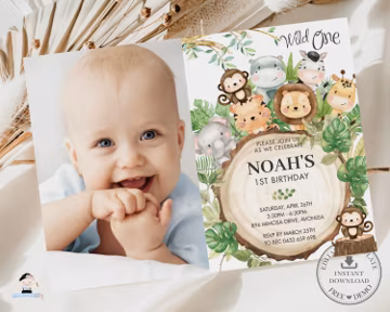 Cute Jungle Animals Birthday Photo Invitation, EDITABLE TEMPLATE Greenery Forest Safari 1st Birthday Picture Photograph Invite Printable JA2