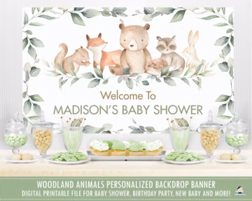 Woodland Animals Birthday Party Baby Shower Backdrop Banner, Bear Fox Rabbit Welcome Sign Neutral Boy Girl Decor PDF File Printable, WG12