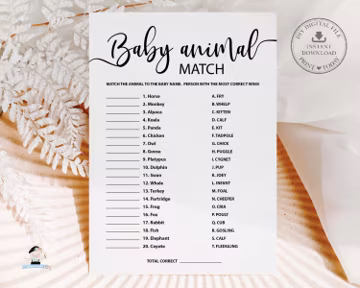 Baby Animal Match Baby Shower Game Fun Activities Digital Printable INSTANT DOWNLOAD Minimalist Modern Hand Lettering Gender Neutral MN1