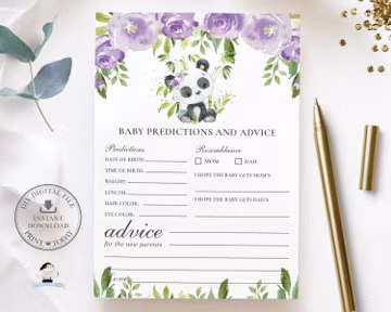 Baby Predictions and Advice Card, INSTANT DOWNLOAD, Cute Panda Bear Purple Lilac Floral Greenery Baby Shower Game Activity DIY Printable PA3