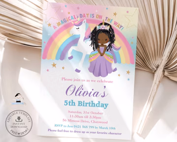 Princess and Unicorn Birthday Party Invitation, EDITABLE TEMPLATE, Cute African Black Braids Hair Princess Printable, INSTANT Download, PU1