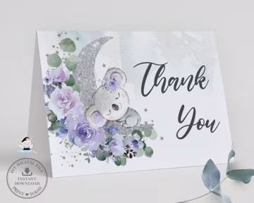 Sleeping Baby Koala Purple Lilac Floral Roses Silver Crescent Moon Folded Tent Thank You Card INSTANT DOWNLOAD, Baby Shower 1st Birthday AU6