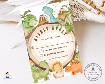 Cute Dinosaurs RSVP Card EDITABLE TEMPLATE Baby Boy Jurrasic Greenery Baby Shower 1st Birthday Reply Response Printable Instant Download DS1