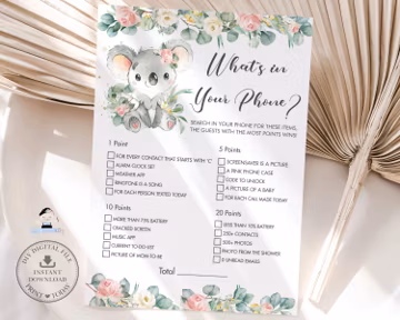 What's in Your Phone Game, INSTANT DOWNLOAD, Pink Floral Greenery Cute Koala Australian Animals Girl Baby Shower Activity Printable AU2