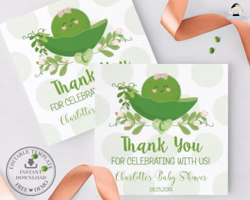 Cute Little Sweet Pea in a Pod Square Thank You Favor Tags, EDITABLE TEMPLATE, 1st Birthday Girl Baby Shower Sticker Labels Printable, SP1