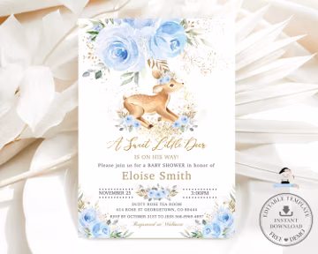 Sweet Little Baby Deer Blue Floral Invitation Printable, EDITABLE TEMPLATE Chic Whimsical Boy Baby Shower Roses Flowers Invite INSTANT DE4