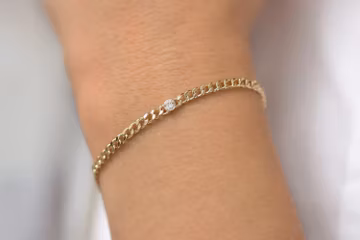 Gold Bracelet / 14k Gold Miami Curb Link Chain Bracelet with Bezel Setting Solitaire Diamond / 3MM Gold Curb Link Bracelet by Ferkos Fine