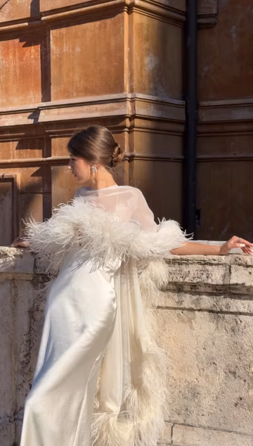 Ostrich Feather Bridal Cape, Ivory Silk Wedding Cover-Up, Custom Made