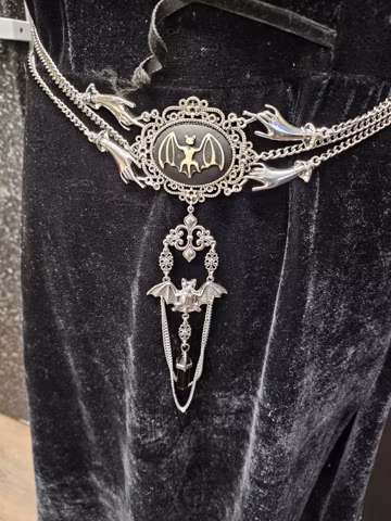 vampire bat and hanging bat with chains and gemstone point belt gothic steampunk belt