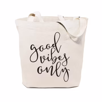 Good Vibes Only Cotton Canvas Gym, Yoga, Shopping Travel Reusable Shoulder Tote and Handbag, Gifts for Her, Bridesmaid, Motivational