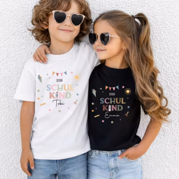 Geschenk Schulanfang 2026, Personalisierbares T-Shirt für Schulkinder mit Namen, Einschulung, erster Schultag, Shirt für Mädchen und Jungen
