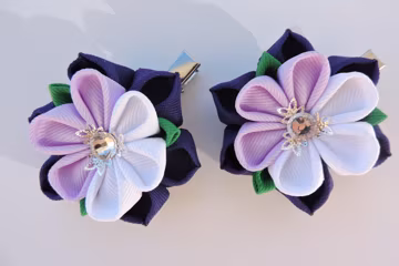 Purple Kanzashi Flower Hair Clips: Grosgrain Ribbon Set