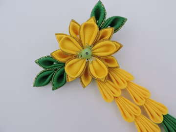 Kanzashi Fabric. Flowers hair clip with falls.Green and Yellow.