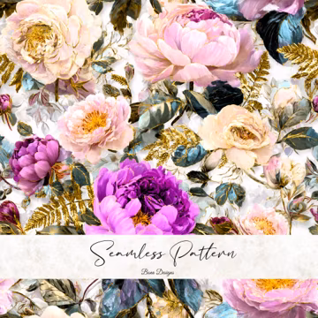 Rose Violet Peony Seamless Pattern, Gold Leaf Botanical Fabric Design, Digital Download
