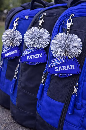 Custom Cheerleader Keychain with Pom Pom- Personalized Name with Megaphone- Cheer Bag Charm-Team Gift