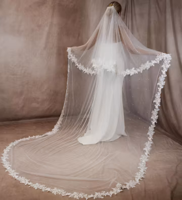 Lace Edge Veil with Blusher, 2 Tier Cathedral or Chapel Length, Long Veil with Pearls
