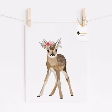 Baby Deer With Flower Crown Print, Watercolor Woodland Nursery Wall Art