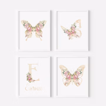 Blush Pink Butterfly Nursery Art Print Set, Floral Initial Wall Decor, Digital Download