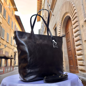 Italian Handmade Leather Tote Bag for Women, Black Genuine Leather Purse, Made in Italy