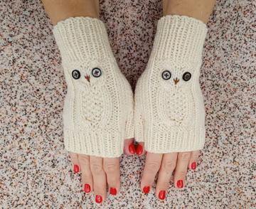 Hand knit fingerless gloves with owls Handmade blue denim owls womens mitts Texting fingerless knited gloves Owl lover gift for her