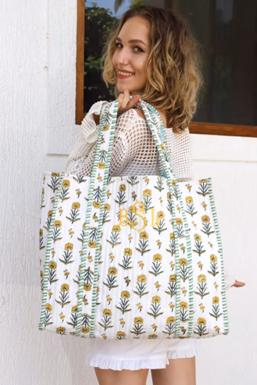 Embroidered Bridesmaid Tote Bag Quilted Personalized, Block Print Bridal Gift, Beach Bag, Monogramed Floral Casual Boho Pool Tote Bag