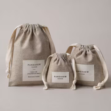 100 Custom Logo Linen Drawstring Bags with cotton canvas label: Jewelry, Gift Packaging