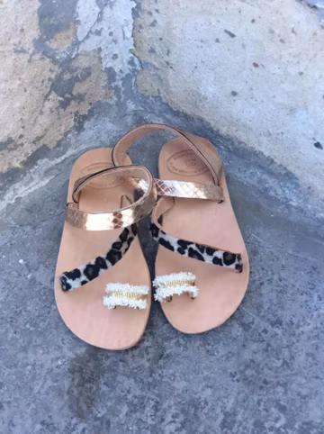 Handmade Greek Leather Sandals: Leopard & Gold Boho Summer Shoes