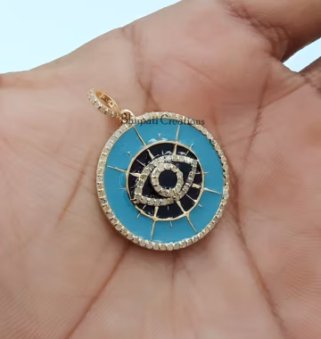 Handmade 14K Yellow Gold Diamond Evil Eye Pendant, Enamel