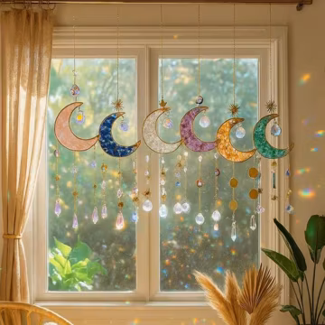 Crystal Moon Suncatcher Hanging,Sun Light Catcher Crescent Moon,Birthday Housewarming Gift,Boho Home Decor,Amethyst Suncatcher,Rainbow Maker