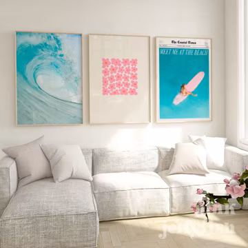 beach wall art print set of 3, surfer girl pink board, flowers, wave, newspaper, digital print, wave, dorm room decor, printable art