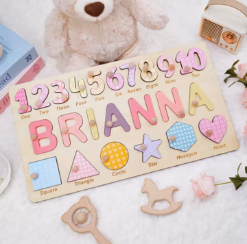 Personalized Wooden Name Puzzle Gift for Boys & Girls, Custom Baby Gifts Name Puzzle with Numbers, Geometry Shapes, Back Engraving