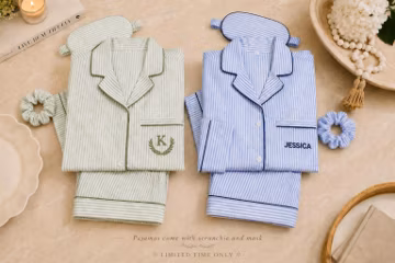 100% Cotton Seersucker Pajamas Set with Scrunchie and Mask, Personalized PJs, Matching Couple Pajamas, Bride Pajamas, Bridesmaid Pajamas
