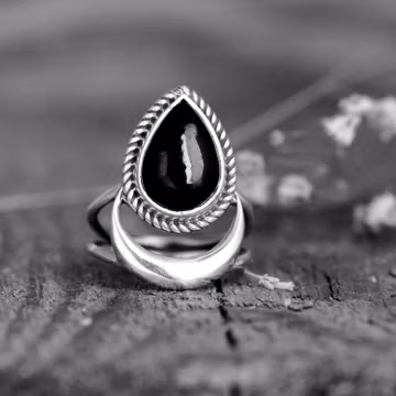 Crescent Moon Ring, Black Tourmaline Ring, Sterling Silver Ring for Women, Celestial Witch Jewelry, Teardrop Ring, Statement Boho Jewelry