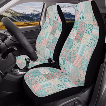 Turquoise Blush Pink Patchwork Seat Covers, Spring Floral Car Accessories, Vehicle Protectors Quilt Pattern