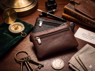 Double Zip Leather Coin Purse with Key Ring, Small Minimalist Pouch, Authentic Spanish.