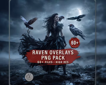 Raven PNG Overlays Pack (60+) – Flying Crows, Flock Birds, Dark Fantasy Clipart, Transparent PNG, Photoshop Overlays, Gothic Design Elements