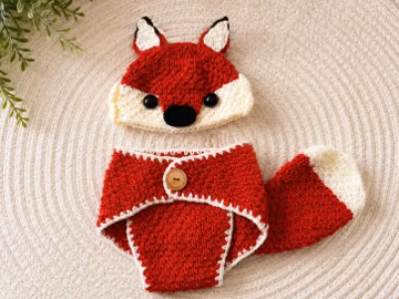 Handmade Fox Crochet Baby Outfit Set, Newborn Photography Props, Hat and Diaper Cover, Knitted Baby Props, Newborn Posing Toy
