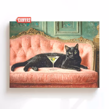 Black Cat & Martini Wall Art Print – Vintage Oil Painting Style, Retro Quirky Whimsical Poster, Cute Cat Lover Gift, Cocktail Bar Cart Decor
