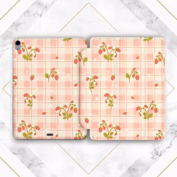 Cute tiny strawberry iPad case summer Checkered pink cover Girly Cottagecore iPad smart case Kawaii fruits Mini 7 Air 11 13 Pro 13 10 2 10 9