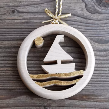 Gilded Maple Wood Ship Ornament – Coastal Decor, Religious Gift