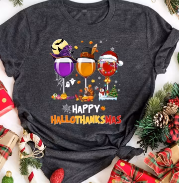 Happy Hallothanksmas Wine Shirt, Funny Wine Halloween Thanksgiving Christmas Shirt, Witch Hallowine Shirt Gift For Wine Lover