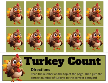 INSTANT DOWNLOAD - Thanksgiving Turkey Count Math Center- Activity Set for Learning Centers - Perfect for Preschool Pre - K - homeschool
