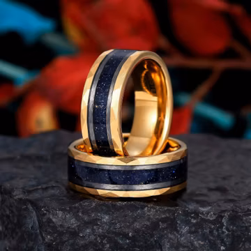 Hammered Blue Sandstone Ring, Yellow Gold Tungsten Ring, Mens Wedding Band, 8mm Wedding Band, Anniversary Engagement Ring, Promise Ring